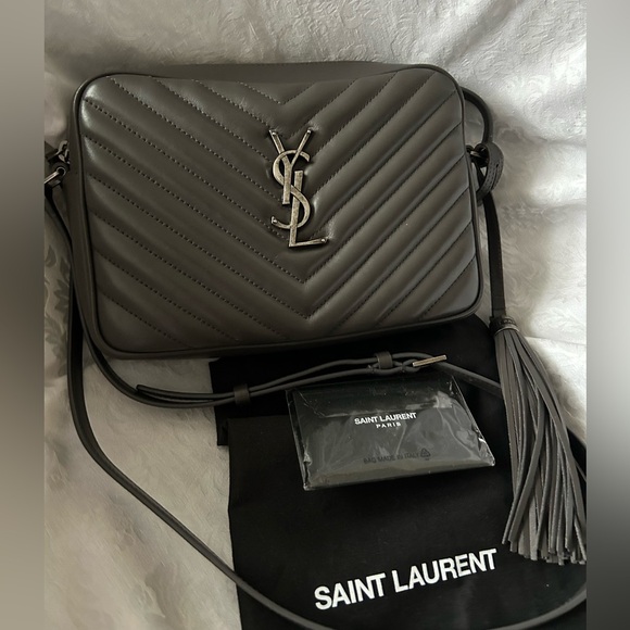 Authentic Saint Laurent Lou Camera Bag in Gray chevron quilted leather